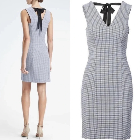 Banana Republic Houndstooth Check Tie-Back Sheath Dress, Color Blue/White Size 6 - Picture 1 of 16